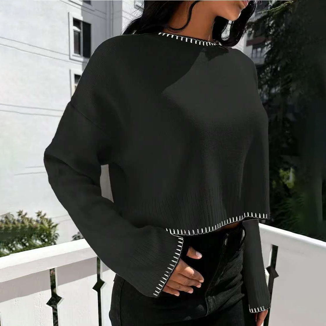 Femme pull court décontracté avec une fine structure en côtes et une taille élastique Chic und Stil