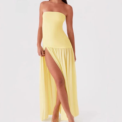 Dames élégante robe maxi sans bretelles avec fente haute et tissu fluide Chic und Stil