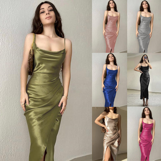 Robe Maxi Élégante Femme avec Coupe Drapée Raffinée et Fines Bretelles Spaghetti Chic und Stil