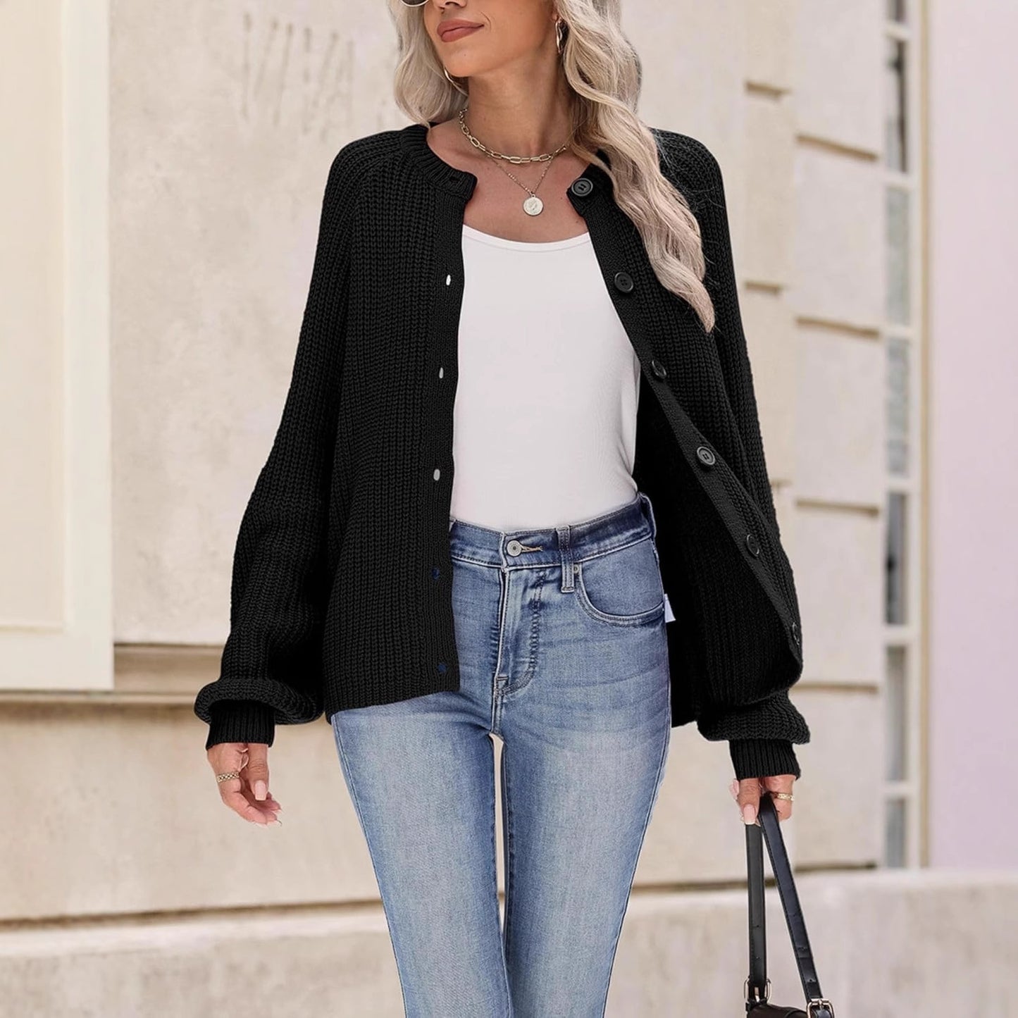 Dames Gros Tricot Boutons Cardigan Chic und Stil