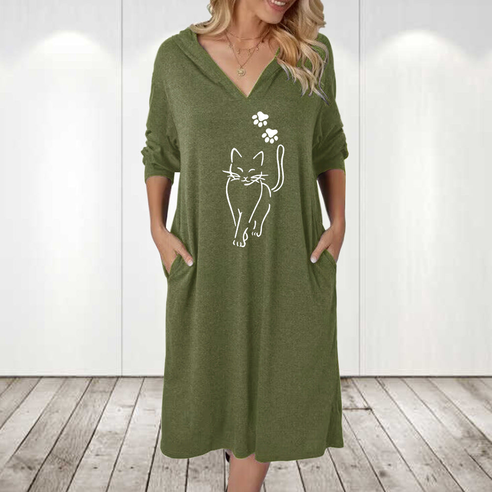 Robe à capuche pour femmes avec un mignon motif de chat et des poches pratiques Chic und Stil