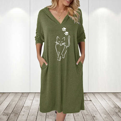 Robe à capuche pour femmes avec un mignon motif de chat et des poches pratiques Chic und Stil