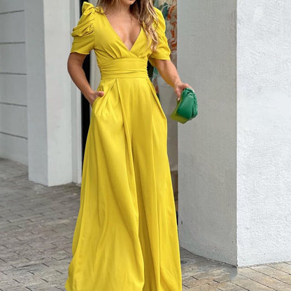 Robe maxi élégante pour femmes avec des manches bouffantes et un décolleté en V profond Chic und Stil