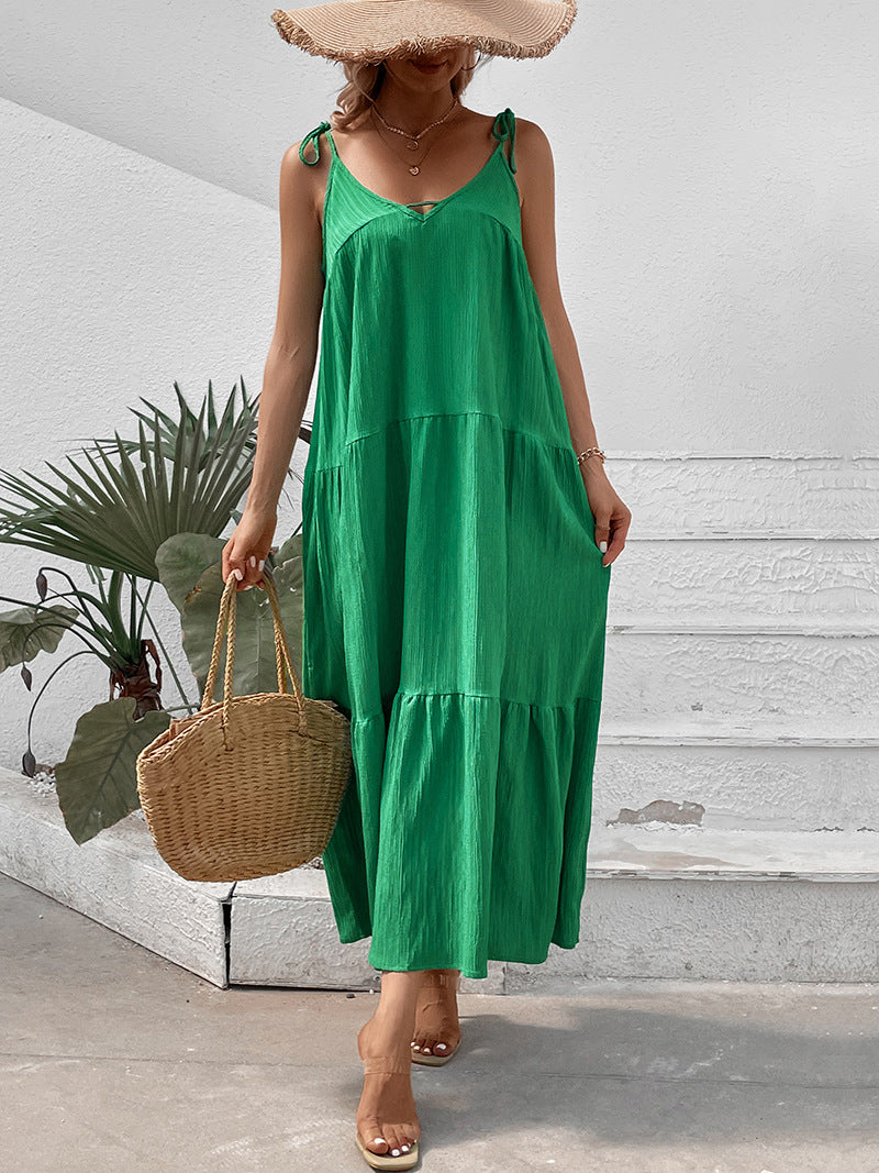 Femme Robe Maxi Drapée avec Bretelles Spaghetti Réglables Chic und Stil