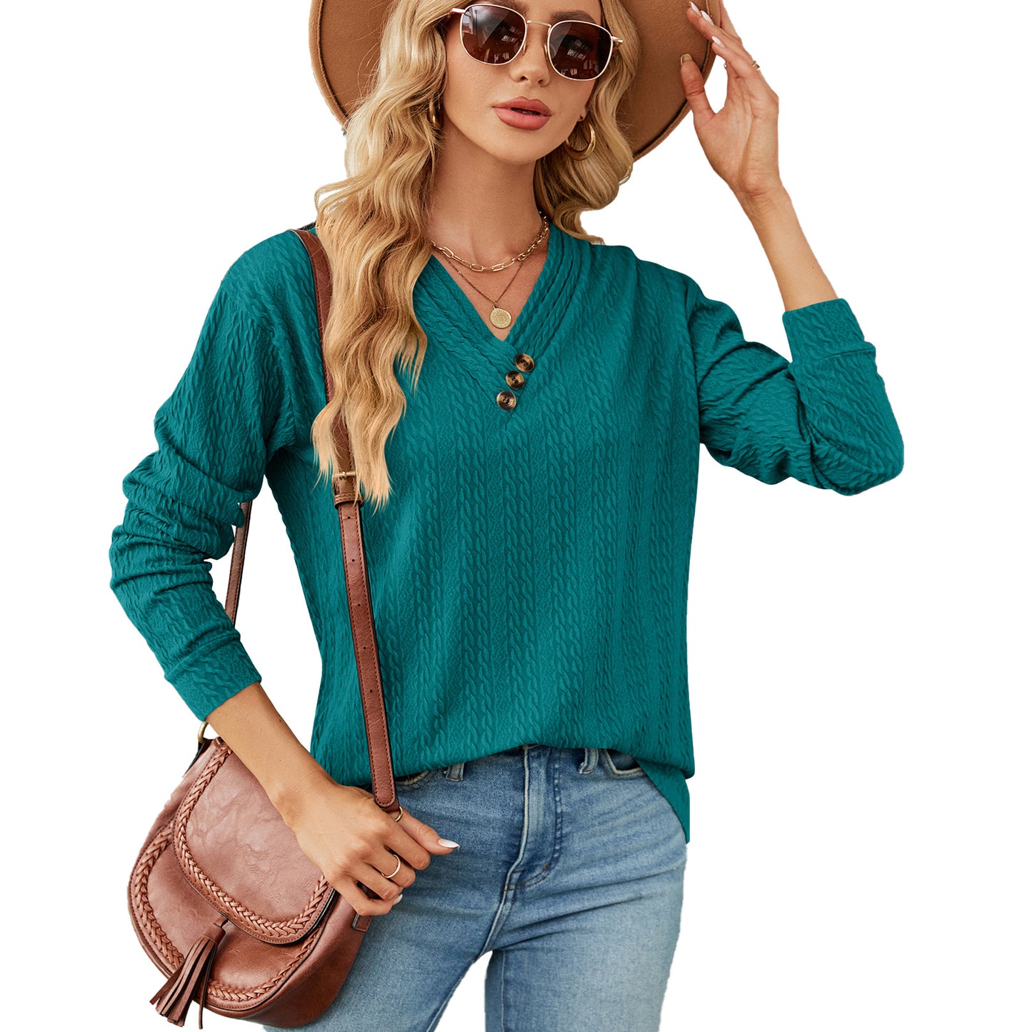 Femme haut en pull V décolleté tendance avec structure Chic und Stil