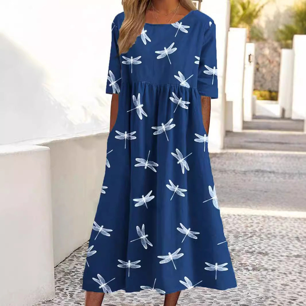 Dames Imprimé Libellule Midi Robe Chic und Stil