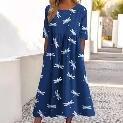 Dames Imprimé Libellule Midi Robe Chic und Stil