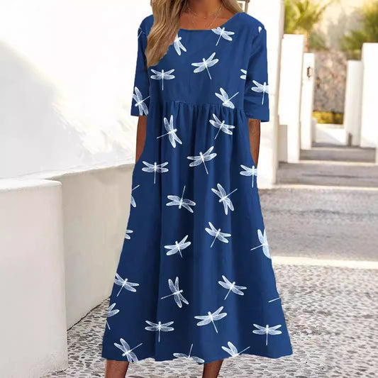 Dames Imprimé Libellule Midi Robe Chic und Stil
