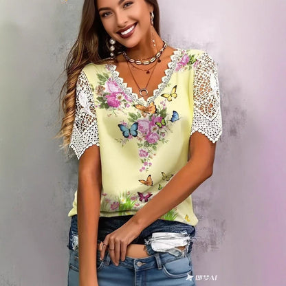 Blouse femme avec dentelle florale et imprimé papillon ludique Chic und Stil
