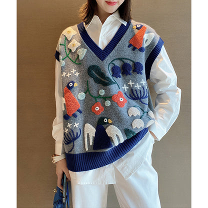 Artistic knitted vest for women with floral embroidery Chic and Style