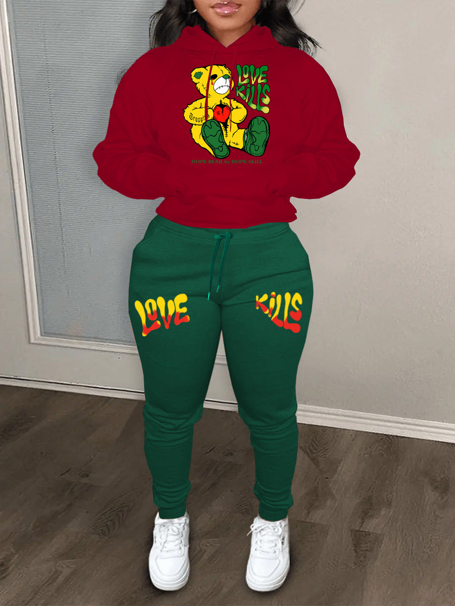 Women Hoodie and jogging pants set with creative bear pattern and striking inscription Chic and Style