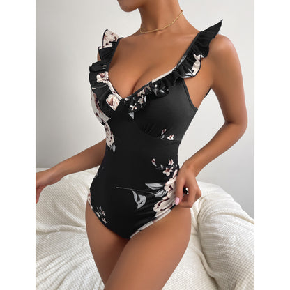 Maillot de bain floral à taille haute pour femmes avec détails en volants Chic und Stil
