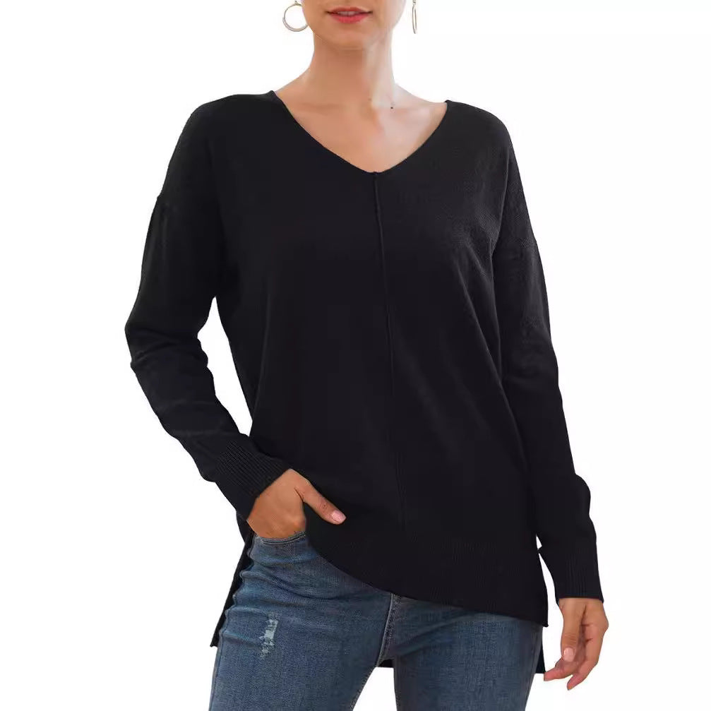 Pull élégant femmes à décolleté en V avec ourlet asymétrique Chic und Stil