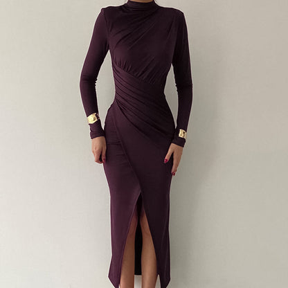 Robe maxi à manches longues pour femmes avec un élégant détail drapé et un col montant Chic und Stil