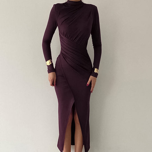 Robe maxi à manches longues pour femmes avec un élégant détail drapé et un col montant Chic und Stil