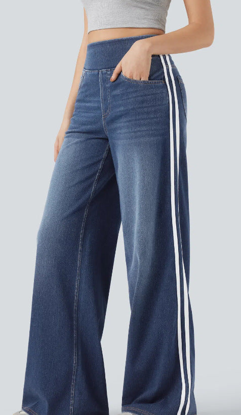 Wide denim pants for women with side stripe and high waist Chic and Style