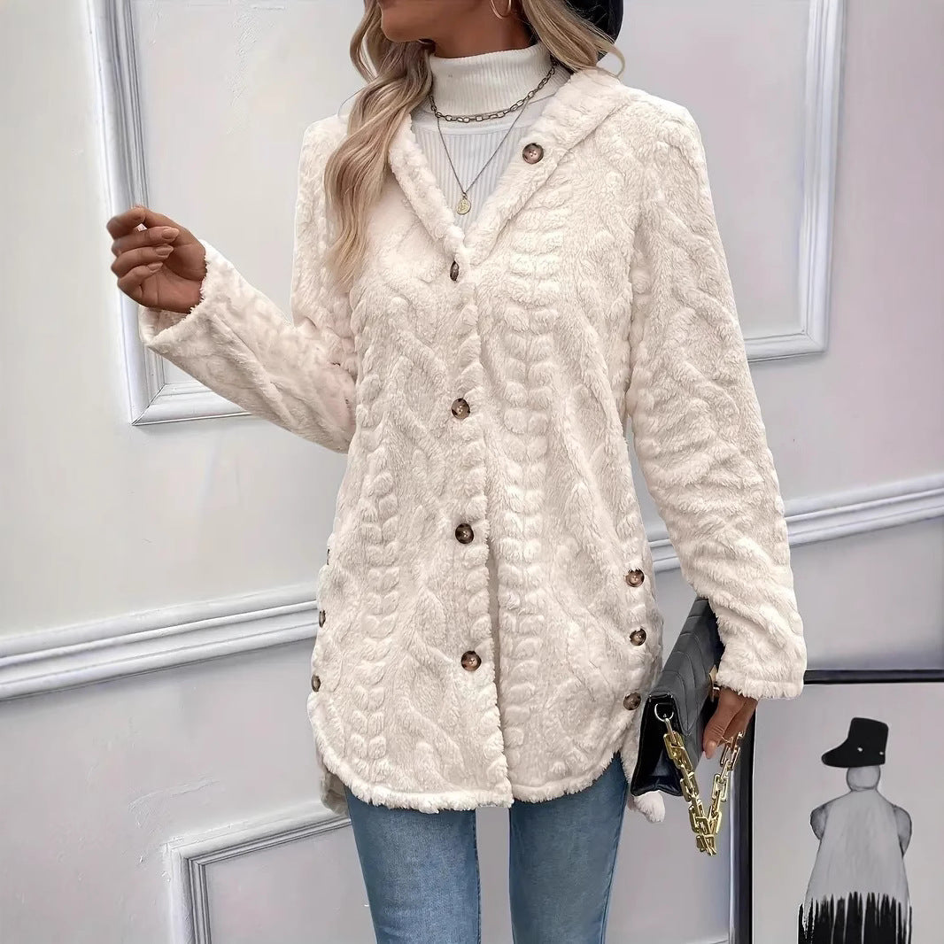 Fuzzy jacket for ladies with hood and button closure Chic und Stil