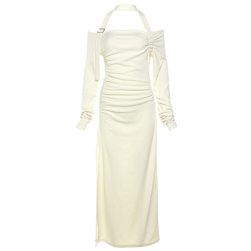 Dames Élégant Maxi Robe avec Design d'Épaule Asymétrique et Détails de Volant Raffinés Chic und Stil