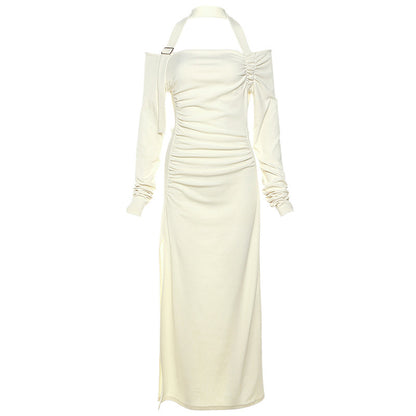 Dames Élégant Maxi Robe avec Design d'Épaule Asymétrique et Détails de Volant Raffinés Chic und Stil