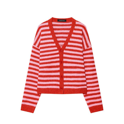 Dames gilet rayé à la mode avec décolleté en V et liston de boutons Chic und Stil