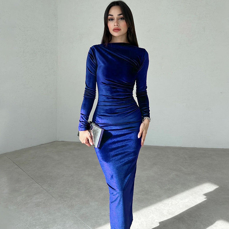 Dames Élégant Longue Manche Ruché Maxi Robe Chic und Stil
