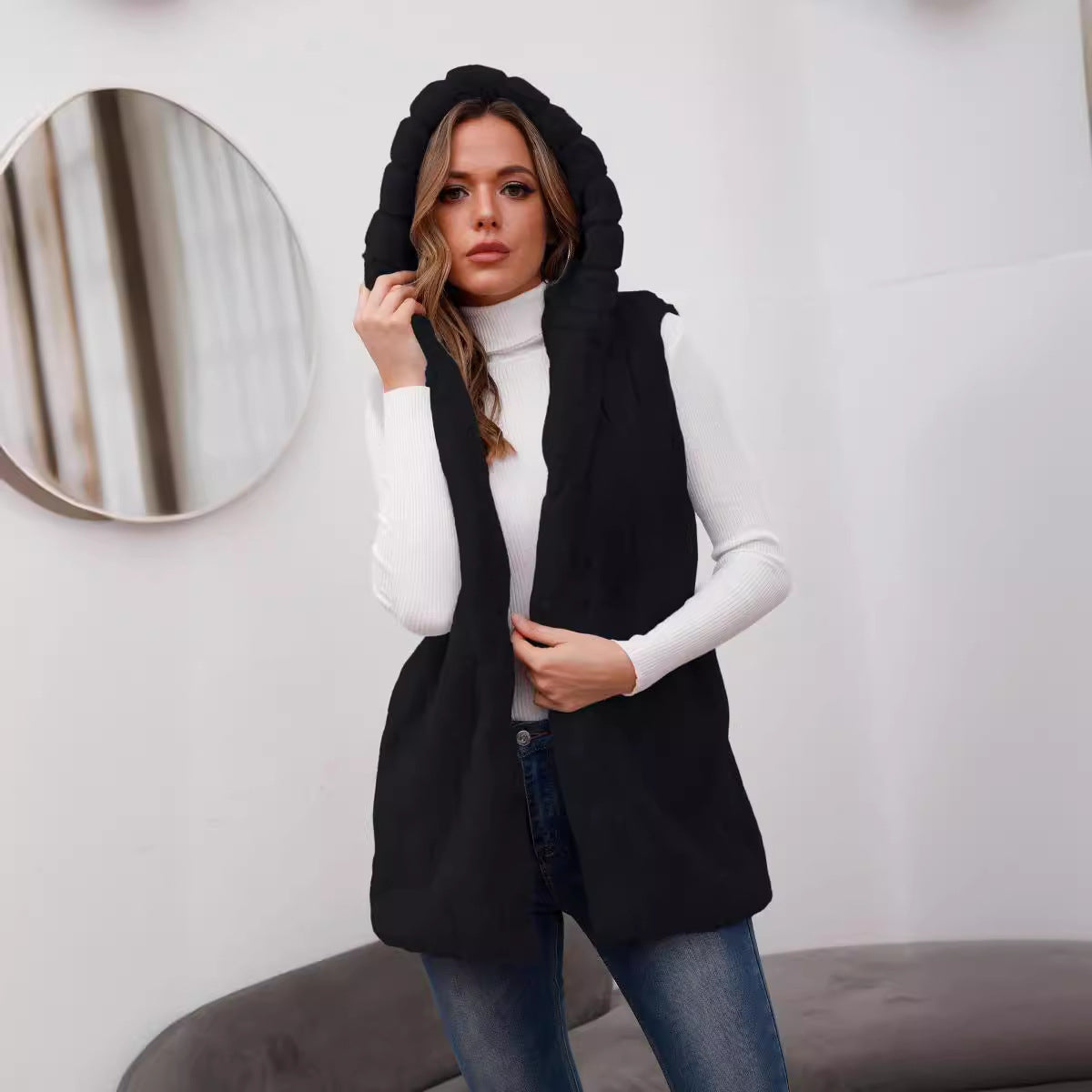 Dames Élégant Gilet à Capuche en Fourrure Synthétique Chic und Stil