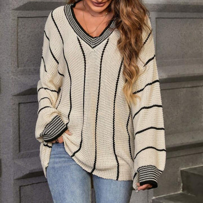 Pull en tricot épais pour femmes avec un élégant décolleté en V et un motif à rayures tendance Chic und Stil
