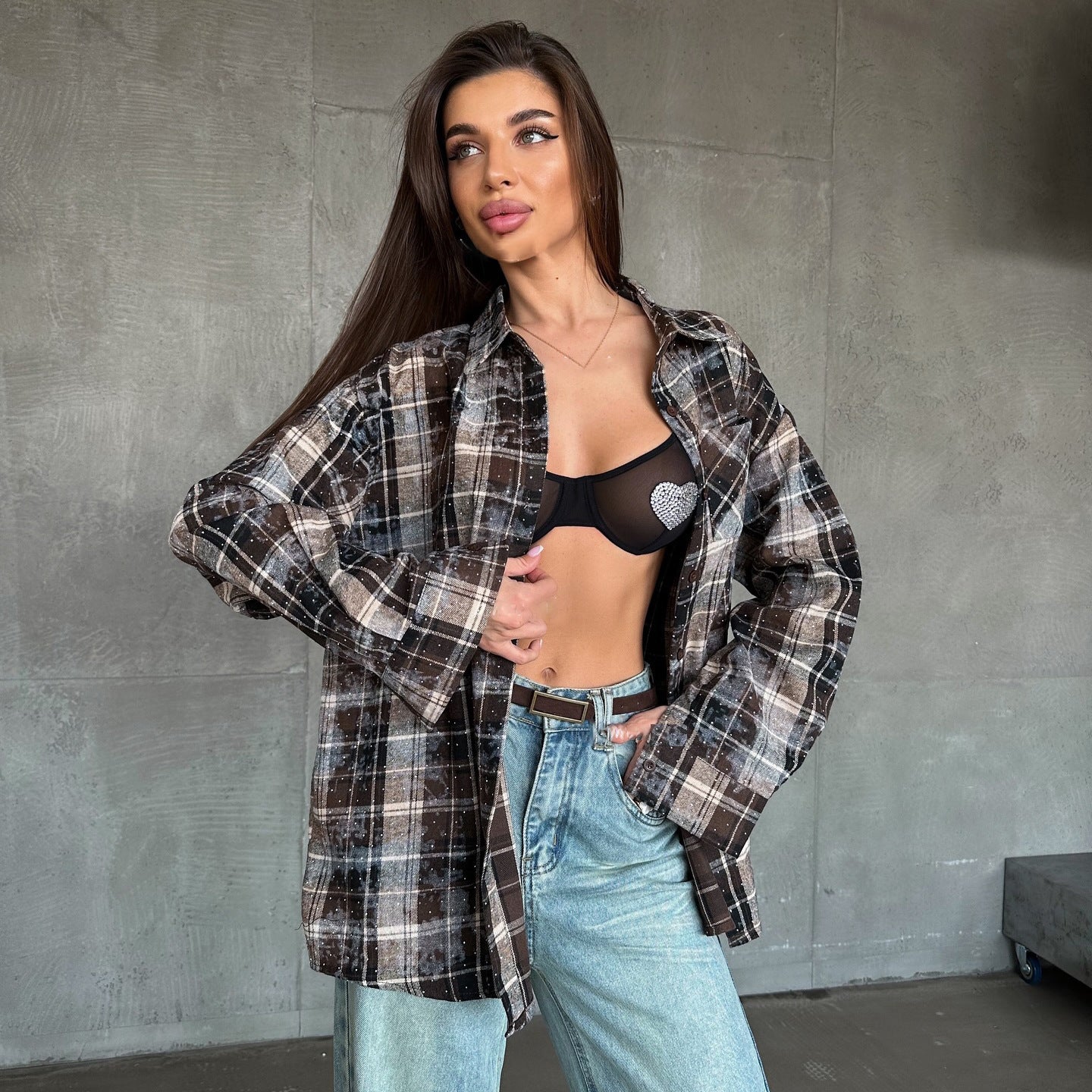 Dames Chemise à Carreaux Chic und Stil