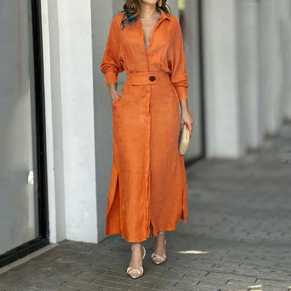 Robe maxi femme en lin léger avec élégante patte de boutonnage et fentes latérales pratiques Chic und Stil