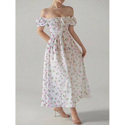 Dames Fleurs Manches Puff Maxi Robe Chic und Stil