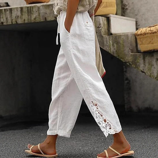 Airy linen trousers for ladies with decorative embroidery Chic and Style