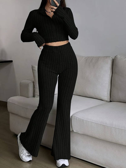 Modern knit set for ladies with cropped top and wide pants Chic and Style