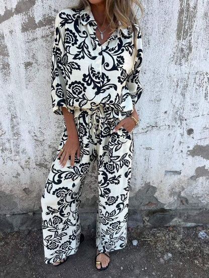 Chic and Style floral print shirt and wide leg pants set for women