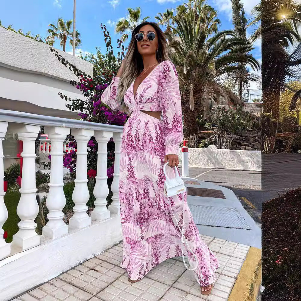 Robe maxi pour dames avec un élégant décolleté en V et un ourlet volanté ludique Chic und Stil