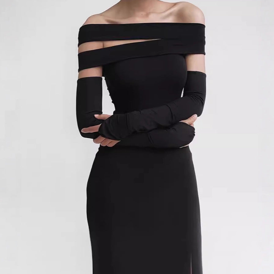 Dames élégante robe maxi avec décolleté off-shoulder et longue fente Chic und Stil