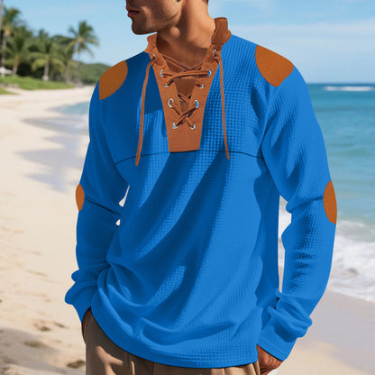 Chemise Henley décontractée à manches longues pour hommes avec un design de lacet original et des patchs de coude contrastants Chic und Stil