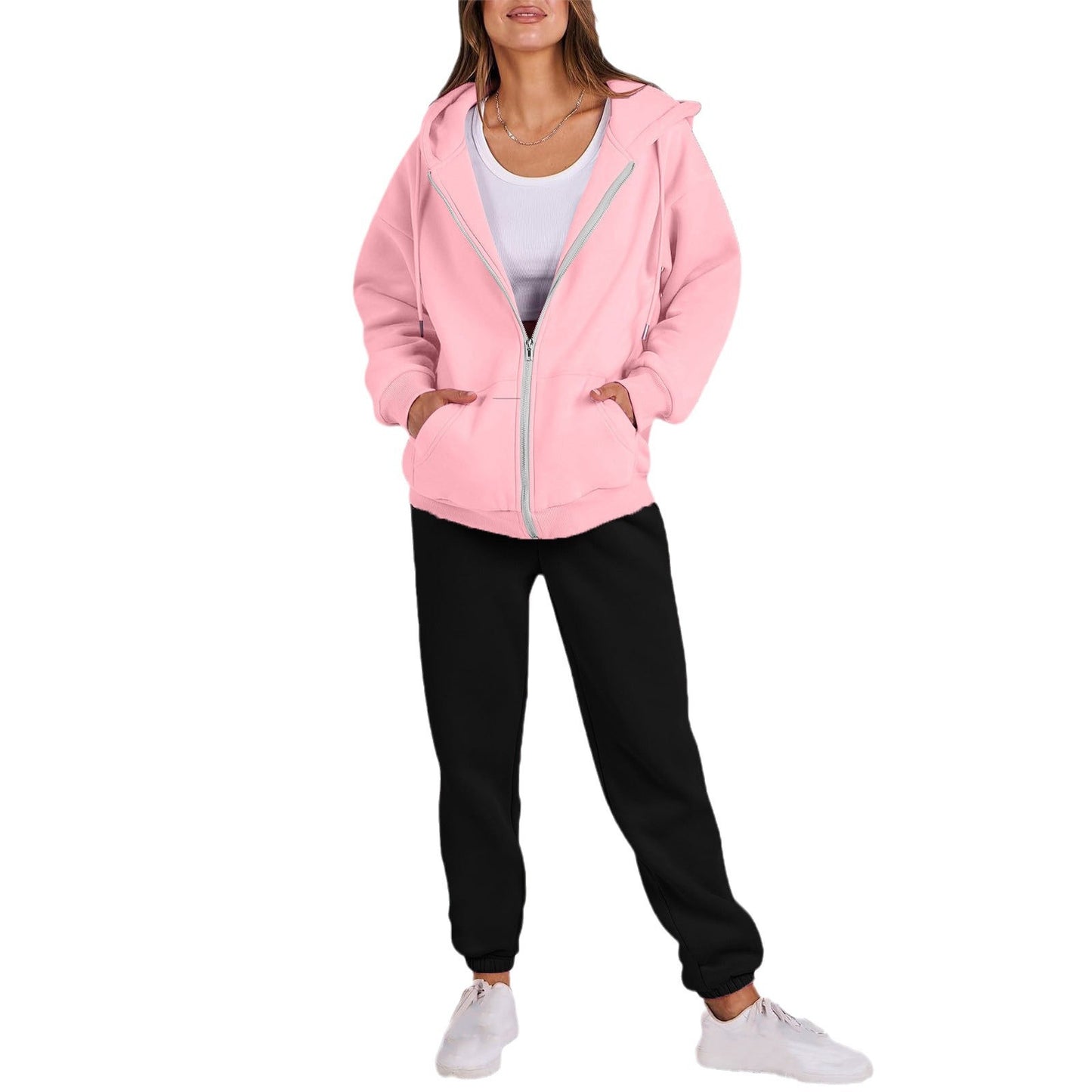 Women's casual zip-up hoodie with a comfortable fit and chic jogger pants