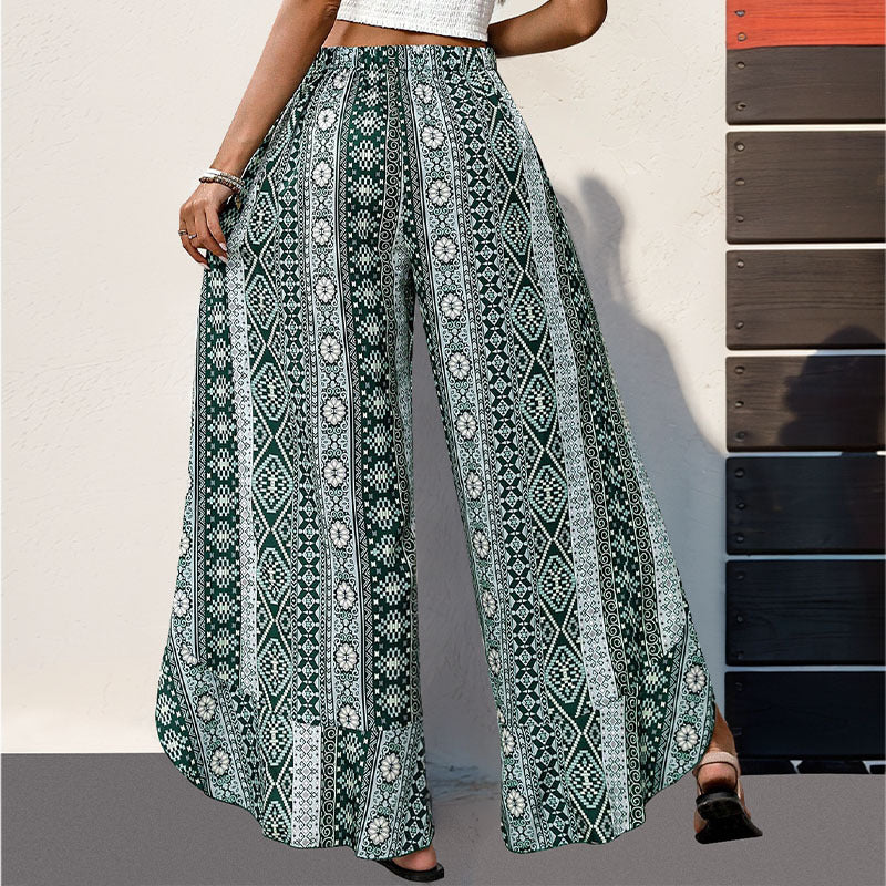 Bohemian Women's Palazzo Pants Printed with Side Slits and Ruffled Hem Chic and Style