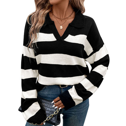 Pull femme rayé avec décolleté en V et manches courtes Chic und Stil