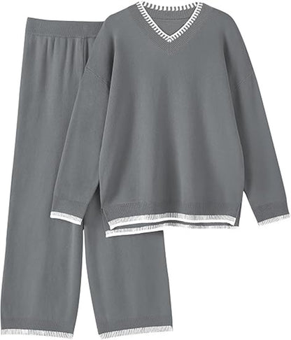 Ensemble pull et pantalon à col en V confortable pour femmes Chic und Stil