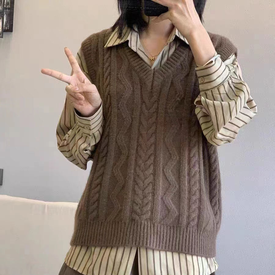 Dames gros tricot gilet avec décolleté en V et motif torsadé Chic und Stil