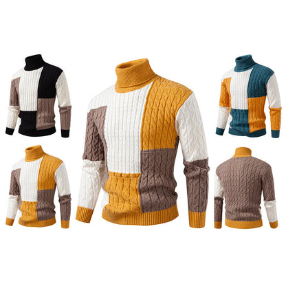 Pull homme hautement encoluré en tricot avec un motif de torsades moderne et des blocs de couleurs attrayants Chic und Stil