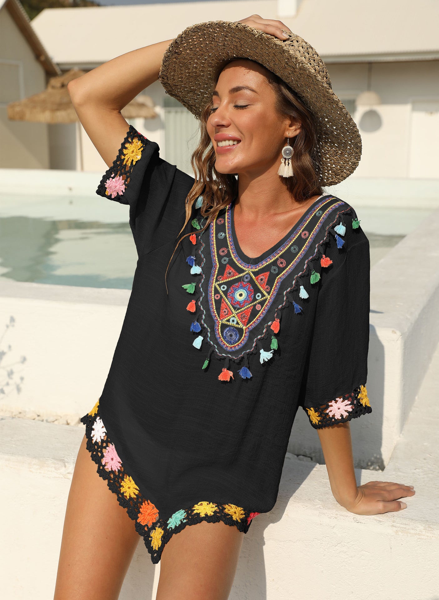 Tunique de plage brodée à franges pour femmes Chic und Stil