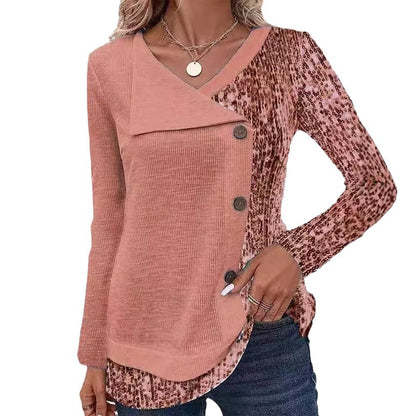 Chemise à manches longues féminine à col asymétrique et détails de boutons décoratifs Chic und Stil