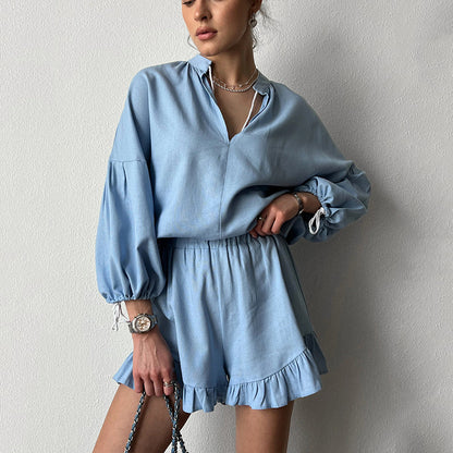 Ensemble de blouse et shorts pour femmes à détails volantés et coupe décontractée Chic und Stil