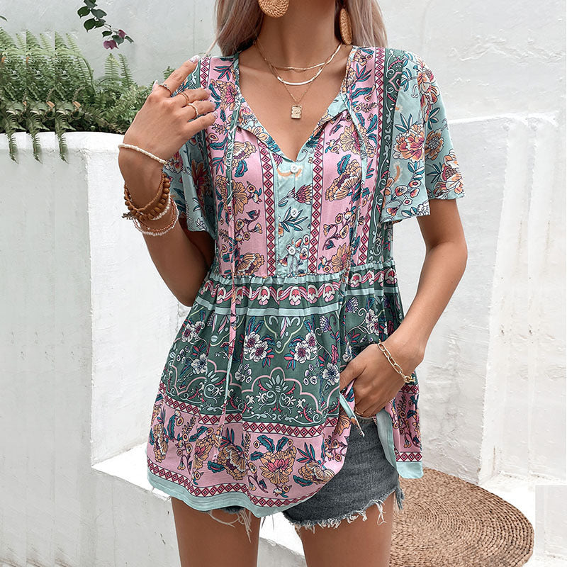 Tunique top boho à fleurs pour femmes avec détails de bouton Chic und Stil