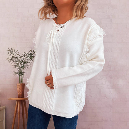 Pull en tricot oversize pour femmes avec un design de franges ludique et un motif en torsades Chic und Stil