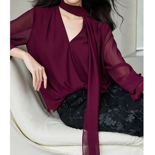 Blouse en chiffon fluide élégante pour femmes avec détail de nœud Chic und Stil