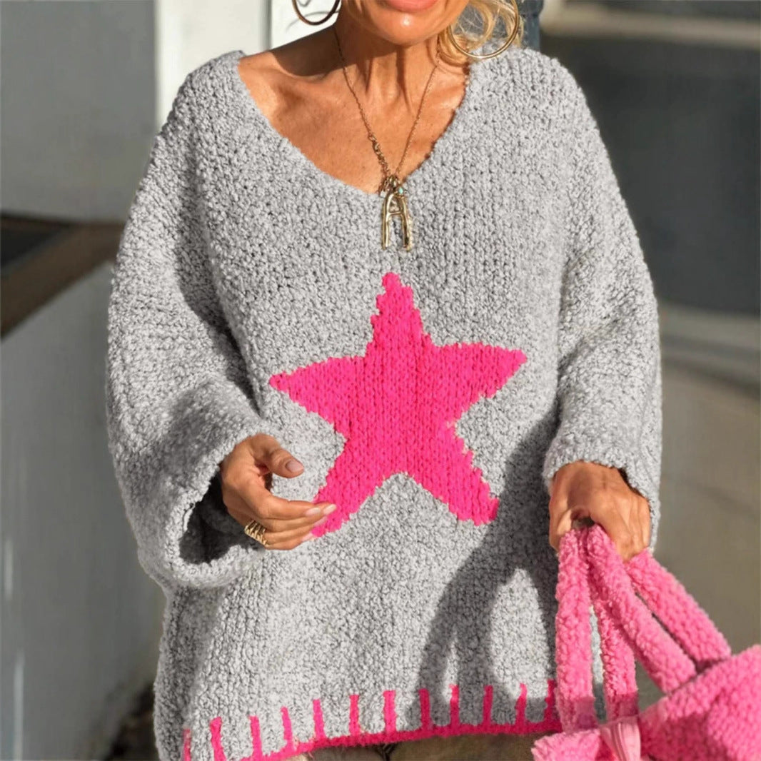Pull en tricot femme avec col en V et motif étoilé frappant Chic und Stil