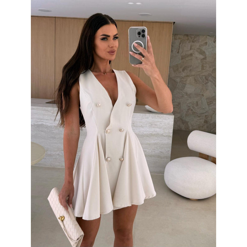 Robe A-line sans manches pour femmes avec double patte de boutonnage Chic und Stil